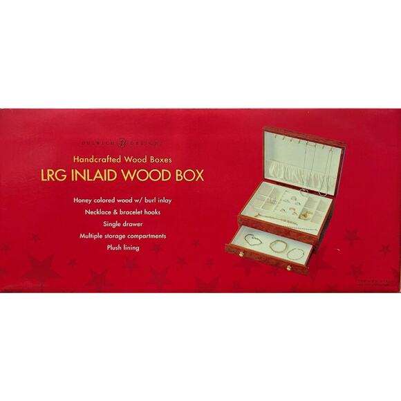 Honey Colored Wood Inlay Jewelry Box Plush Lining 2 Tier multiple storage areas - Picture 10 of 12